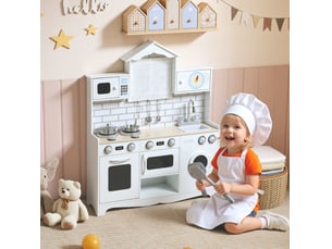 Cuisine enfant 79.5x24x94 cm avec four, évier, fonction sonore et accessoires en bois blanc