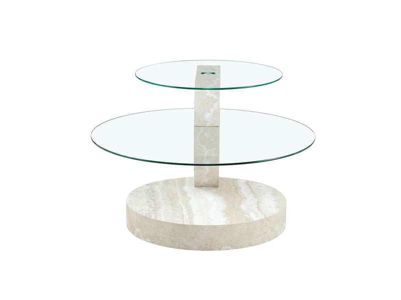 Table basse en verre trempé, table de salon ronde 2 niveaux, structure en mdf gris clair, design moderne et minimaliste - Conforama E