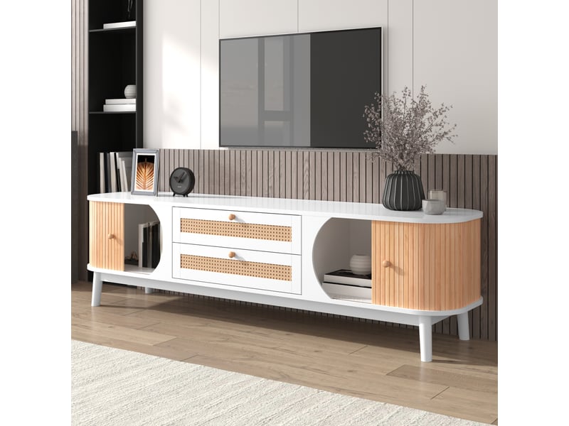  Meuble TV 170x39,5x46 cm avec portes, tiroirs et côtés en cannage, rangement de salon, structure MDF - Blanc et naturel Fay Lum - Conforama D