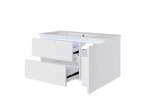 Meuble sous vasque suspendu 90 cm blanc avec lavabo céramique et éclairage led