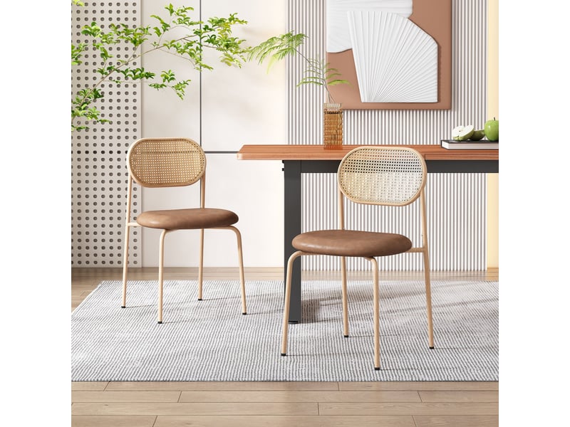  Lot de 2 chaises de salle à manger marron, dossier en rotin, assise pu et pieds métal  - Conforama B