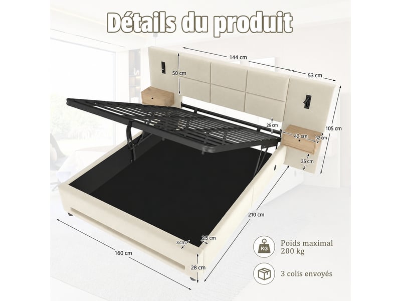 Lit coffre 160 x 200 cm en velours beige, ouverture hydraulique, tête de lit avec tiroirs, led et usb-c - Conforama C