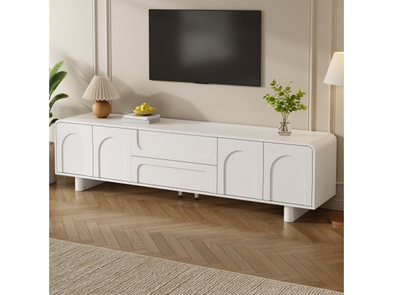  Meuble tv moderne avec coins arrondis – console de salon avec portes et tiroirs, design minimaliste et rangement  - Conforama D
