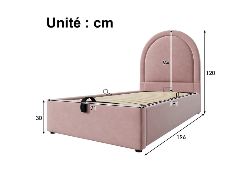  Lit coffre enfant lit simple 190x90 cm en velours rose avec rangement sous le couchage, sans matelas  - Conforama D