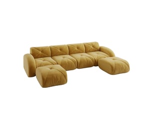 Canapé modulable en u 4 places jaune en tissu, avec 2 poufs, sans montage, idéal pour le salon familial