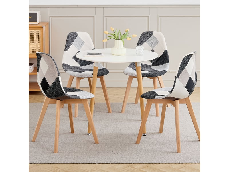  Lot de 4 chaises patchwork - chaises de salle à manger - pieds en hêtre(noir blanc et gris) - style rétro  - Conforama C