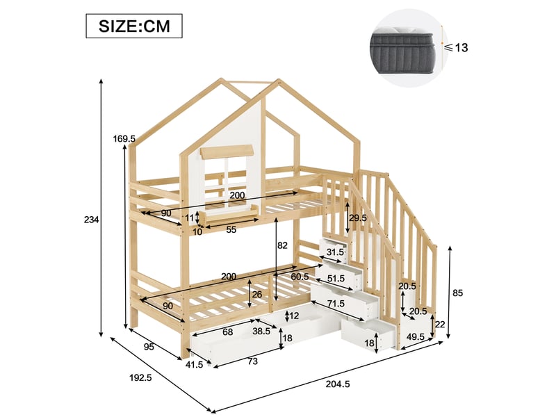  Lit superposé enfant 90x200 cm, rangement, tiroirs à roulettes, escalier, fenêtres, mdf, naturel et blanc, sans matelas  - Conforama C