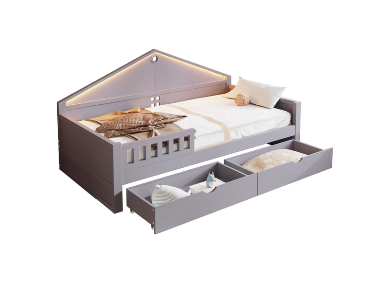  Lit enfant 90x200 cm gris avec bandeau led contrôlable, 2 tiroirs et sommier à lattes inclus  - Conforama A