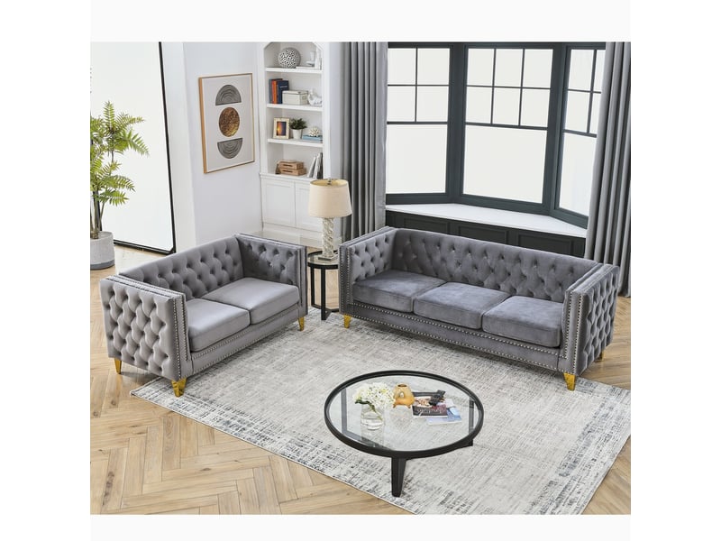  Canapé droit, coloris gris, matière mousse, ressorts, velours et bois, 5 places  - Conforama E