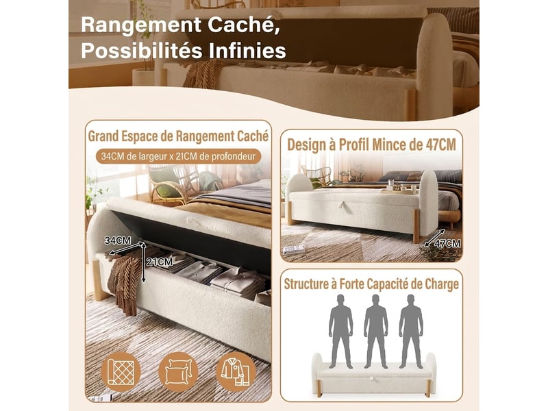 Banc de lit blanc 106 cm avec coffre, tissu bouclette et pieds en bois  - Conforama E