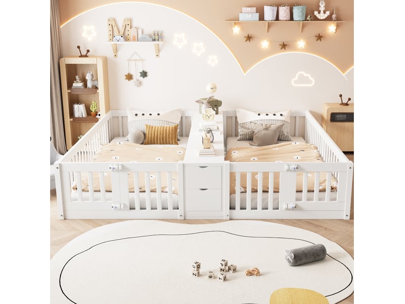 Lit enfant double 2 x 90 x 200 cm avec rangements et barrières de sécurité, blanc - Conforama D