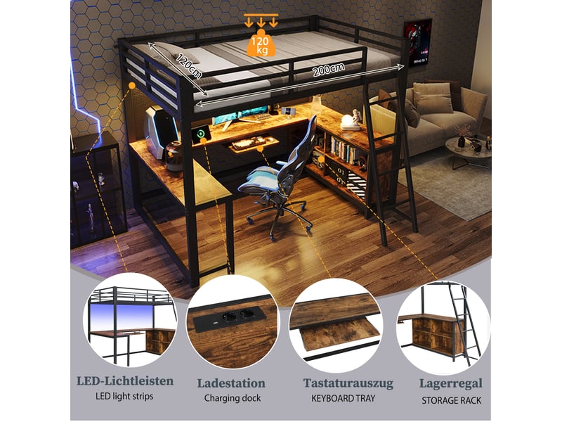  Lit mezzanine gaming 120x200cm avec bureau sur 3 côtés, rangements, tablette clavier, éclairage led et prise eu, métal, noir et effet bois evarich - Conforama D
