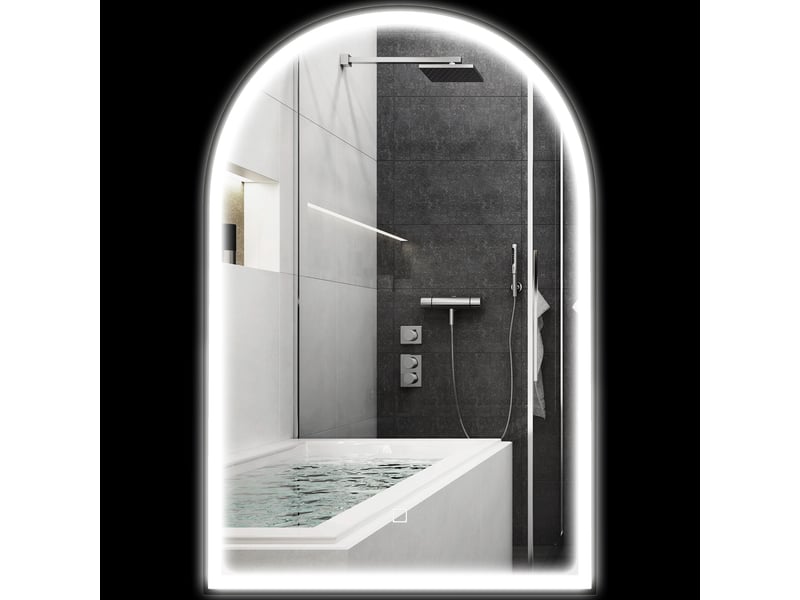 Miroir de salle de bain led 90 x 60cm, mural, 3 couleurs, arqué cadre en aluminium, désembuage et interrupteur tactile - Conforama A