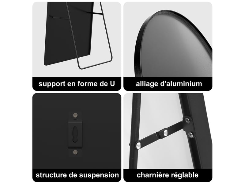  Miroir pleine longueur arqué 164 x 54 cm miroir mural salon avec cadre en aluminium, verre trempé  - Conforama E