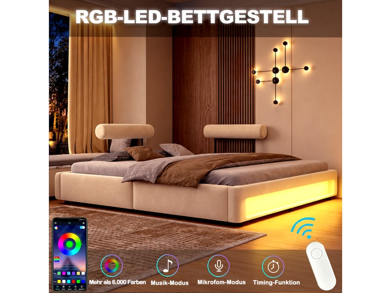  Lit capitonné 180x200 cm avec 2 dossiers réglables 4 positions, éclairage led, velours, beige  - Conforama C