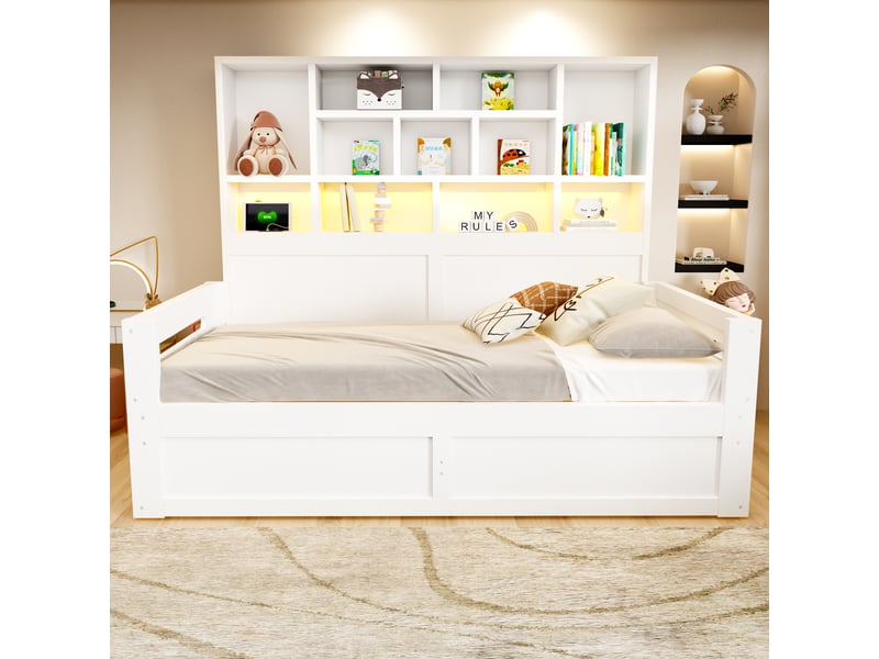 Lit coffre 90x200 cm - lit 1 personne avec rangement - tête de lit avec étagères - led et prises - blanc - Conforama B