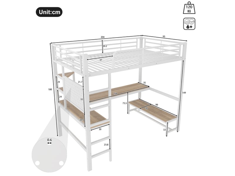  Lit mezzanine 90x200 cm blanc, avec bureau, rangements, panneau perforé, échelle, led, usb-c, structure métal, sommier inclus, sans matelas  - Conforama C