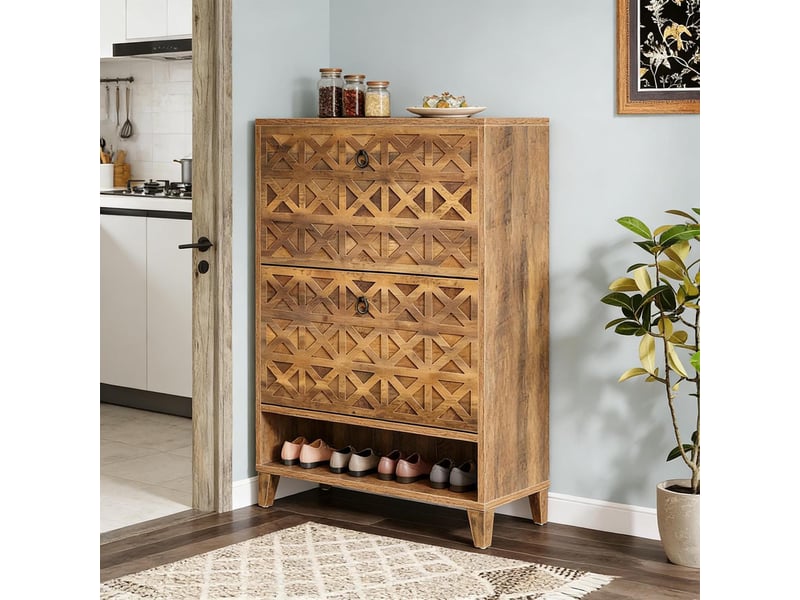  Meuble à chaussures avec 2 tiroirs abattants en mdf marron et métal 80x24x110 cm  - Conforama E