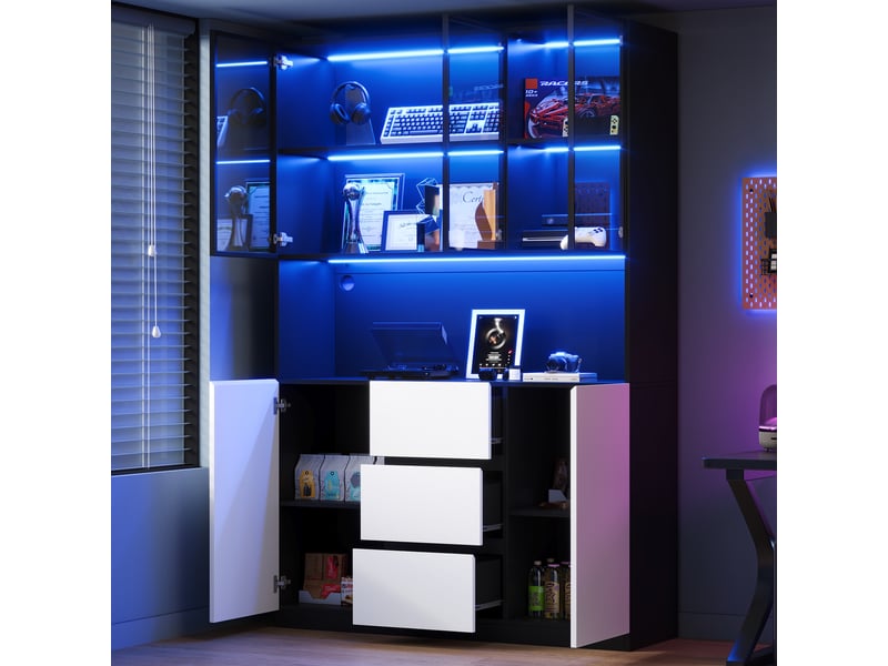  Vitrine en verre avec led, meuble vitrine 120x40x200 cm en mdf blanc et noir avec étagères, tiroirs et portes pour salon et salle à manger.  - Conforama B