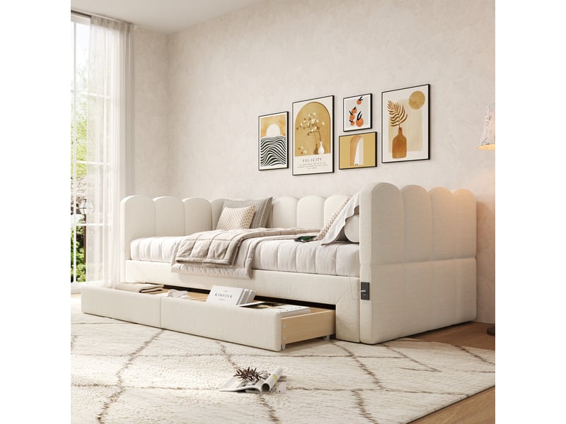 Lit gigogne 90180x190 cm - lit enfant extensible avec rangement et ports usb type-c, revêtement en lin, sans matelas, beige  - Conforama D