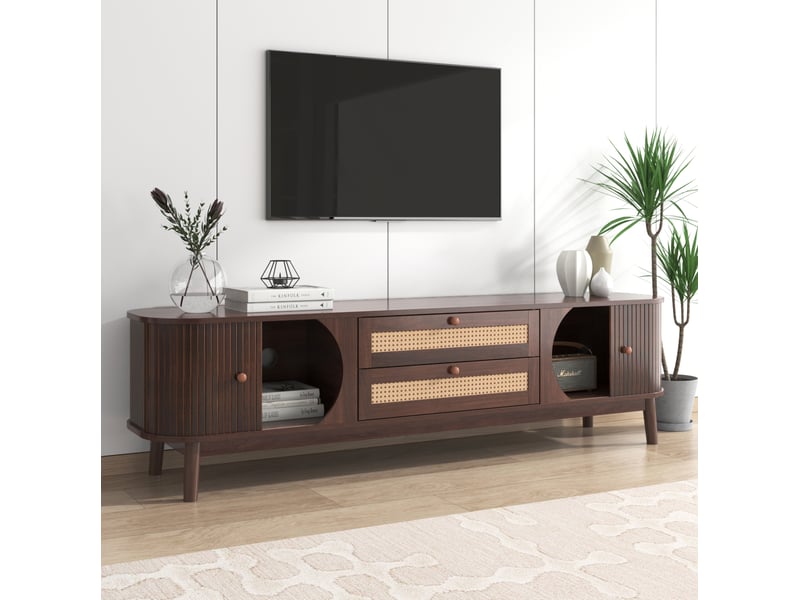  Meuble tv 170 cm avec portes coulissantes et 2 tiroirs en rotin, finition naturelle  - Conforama C