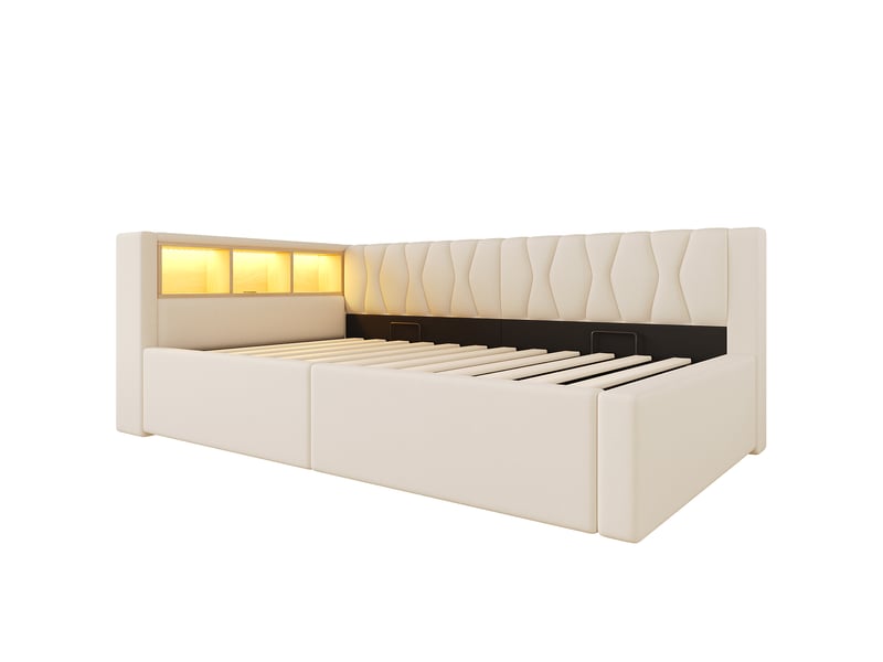 Lit de jour canapé-lit, 90 × 200 cm, beige, lin et mdf, coffre hydraulique, rangements, led, usb, sans matelas - Conforama A