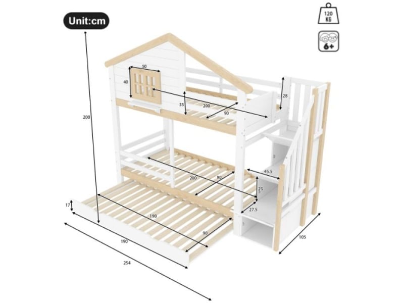  Lit superposé 3 etage lit maison 90x200cm blanc‑naturel, lit tiroir, escalier‑rangement, fenêtres décoratives et protection latér  - Conforama D
