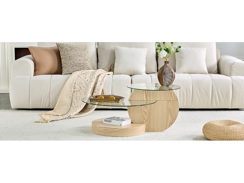  Table basse à deux niveaux avec plateaux en verre de sécurité et rangements en mdf effet bois clair 90 × 70 × 44 cm  - Conforama E