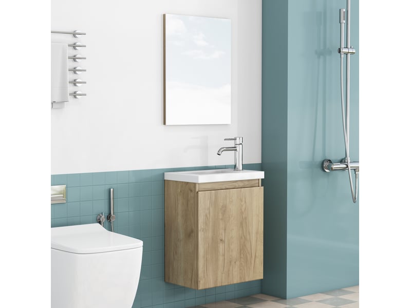  Meuble lavabo mural 40 cm en mdf bois clair avec vasque en céramique et miroir, idéal pour petite salle de bains  - Conforama E