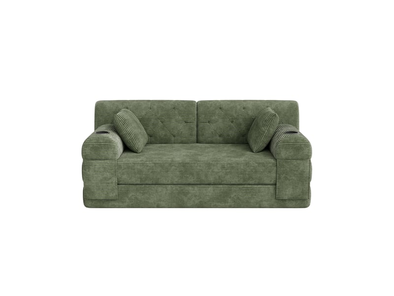  Canapé droit convertible 2 places 168 x 80 x 81 cm avec dossier haut, 2 porte-gobelets et 4 poches latérales, velours côtelé, vert Morn Vibe - Conforama A
