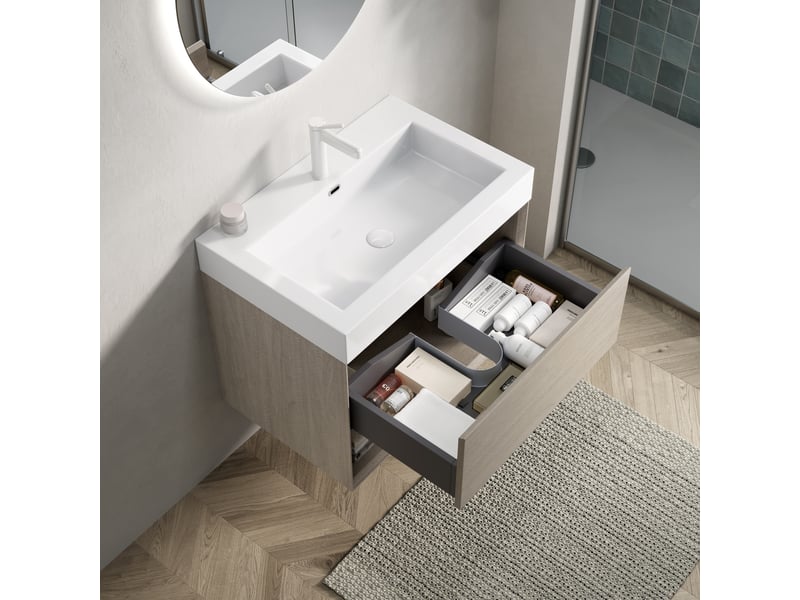  Meuble sous lavabo avec vasque intégrée, tiroir et étagère ouverte - lpospi - fermeture douce, résine, chêne clair et blanc  - Conforama B