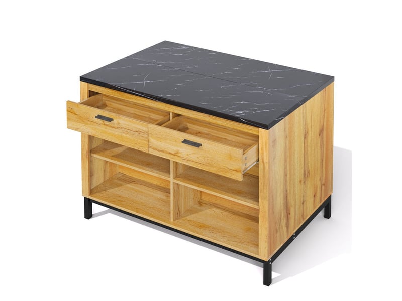 Îlot de cuisine, 120 × 75 × 90 cm, buffet avec 2 tiroirs et 4 étagères ouvertes, plan de travail en marbre noir - Conforama D