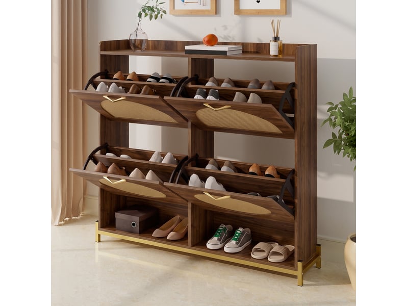 Meuble à chaussures 4 abattants avec façade effet rotin, finition noyer - Conforama B