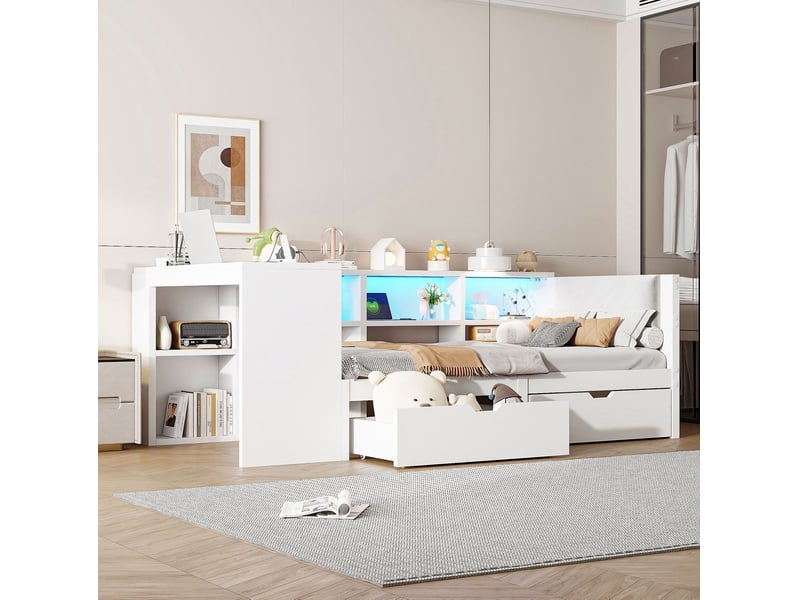 Lit enfant tiroirs 90x200cm station charge intégrée éclairage led tête rembourrée mdf, tissu lin blanc sans matelas - Conforama W