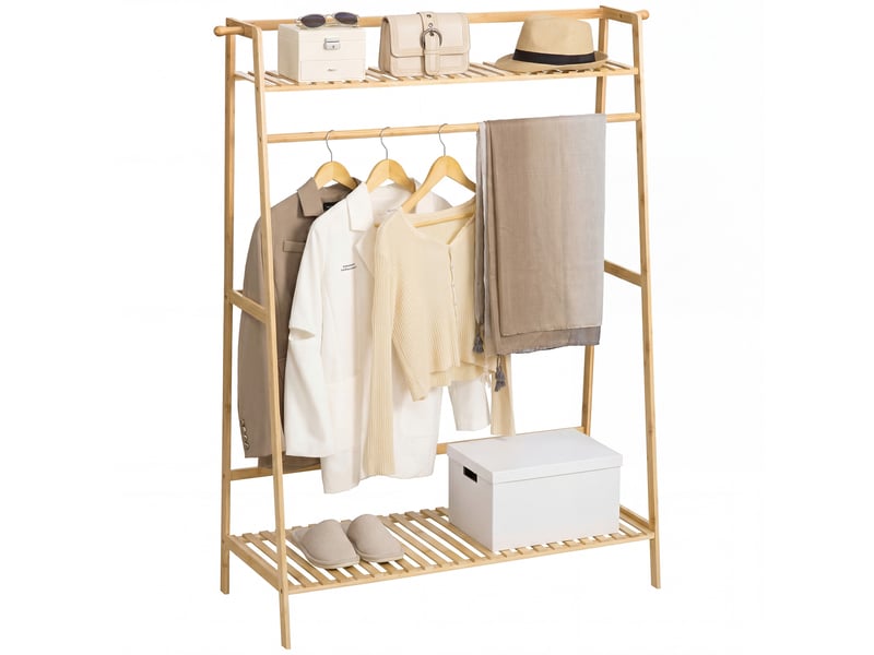  Portant à vêtements penderie - 2 étagères, 2 patères, barre de suspension - bambou verni  - Conforama A