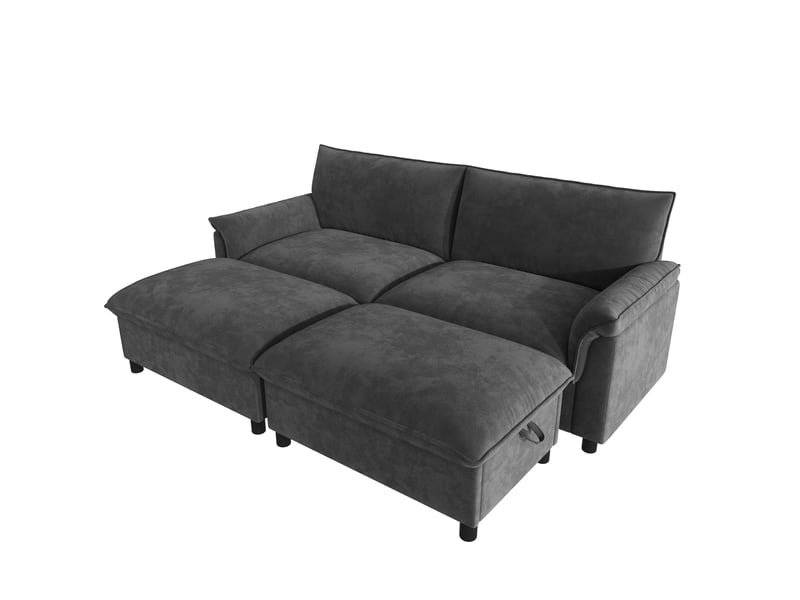 Canapé droit modulable 216x77x82 cm, dossier élevé, assise profonde et coffre ottoman amovible, chenille noir, pour le salon - Conforama A