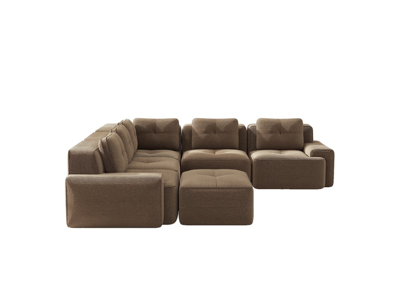  Canapé d’angle panoramique modulable 5 places en velours côtelé marron, 295 cm  - Conforama A