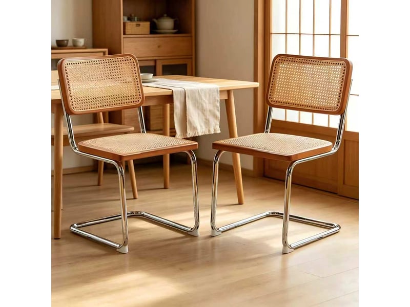  Chaise de salle à manger lot de 2 53 x 46,4 x 84,6 cm, dossier rotin, pieds acier chromé pour cuisine et salon - marron et bois  - Conforama E