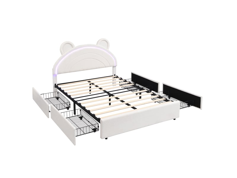  Lit enfant 140x200 cm lit rembourré, 4 tiroirs et led pilotée par application, beige, sans matelas  - Conforama D