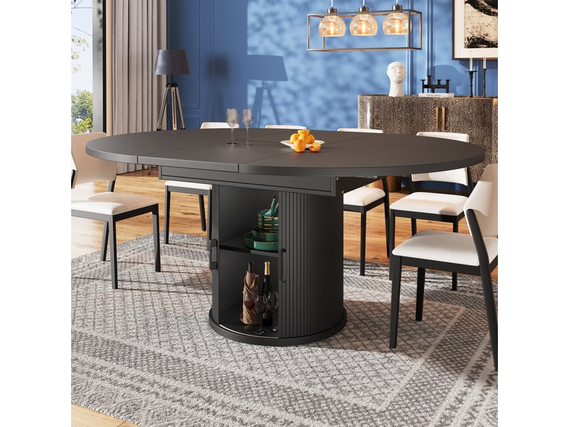 Table à manger extensible ovale 118-158x118x76.8 cm, 4 à 6 personnes, 2 portes coulissante incurvée, rangement à 2 niveaux, noir - Conforama D