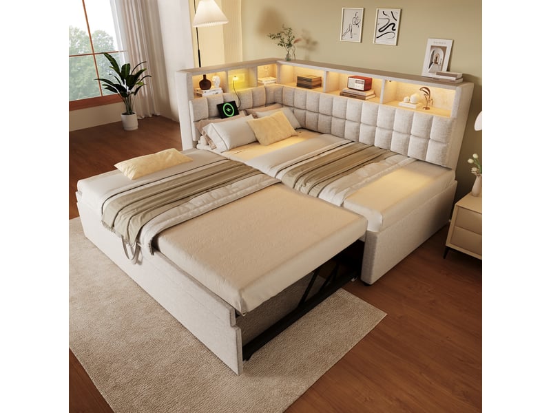  Lit gigogne 90x200 cm - lit simple ado avec rangement led et usb type-c, haut-parleur bluetooth intégré - sans matelas - lin beige  - Conforama D