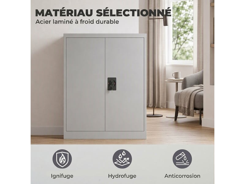  Armoire de bureau avec serrure et étagère réglable en acier gris 80 x 40 x 92,5 cm  - Conforama D