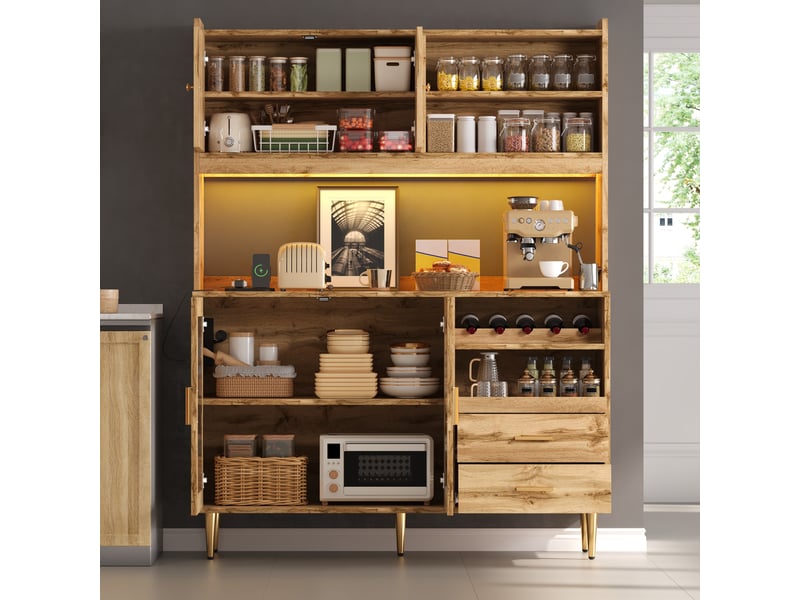 Buffet haut 130x40x172cm avec éclairage led, prises, casiers à bouteilles et étagères coulissantes, vitrine, naturel evarich - Conforama E