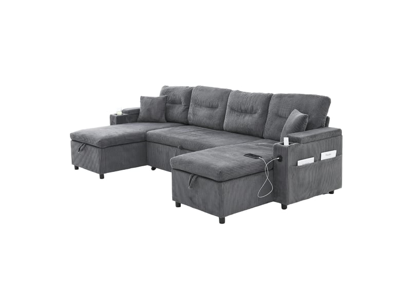  Canapé scandinave 4 places 272x136x86 cm, 2 méridienne réversible, coffres, porte-gobelets, usb-c, velours côtelé gris  - Conforama A