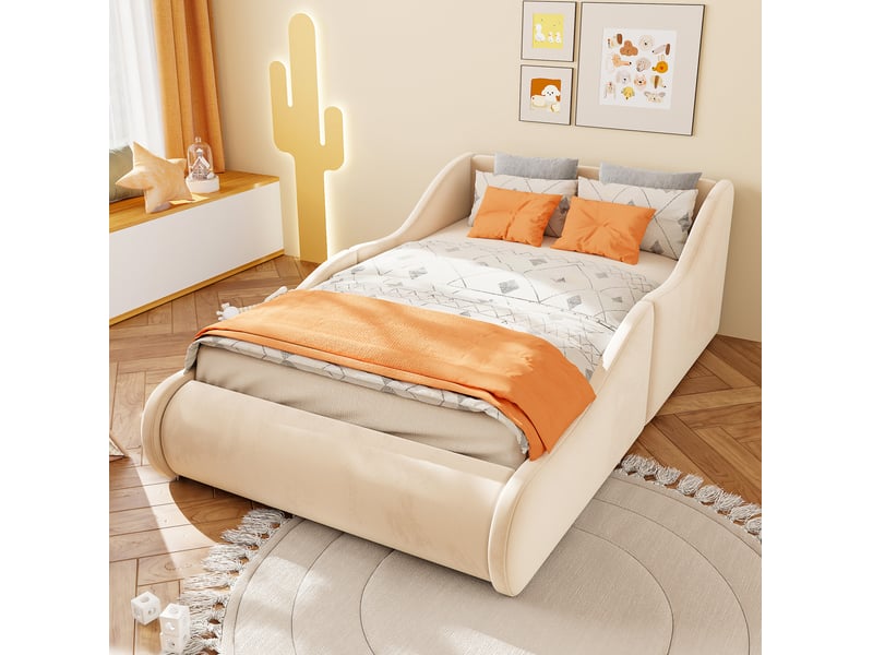  Lit mezzanine 90x200 cm rembourré avec barrières latérales en velours beige  - Conforama C