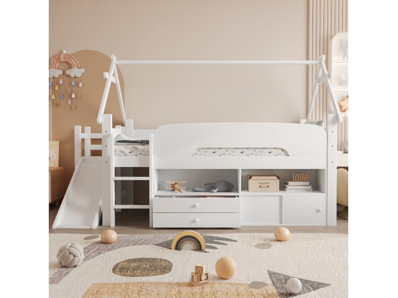  Lit mezzanine enfant 90x200 cm avec toboggan, bois et mdf blanc et gris sans matelas  - Conforama D