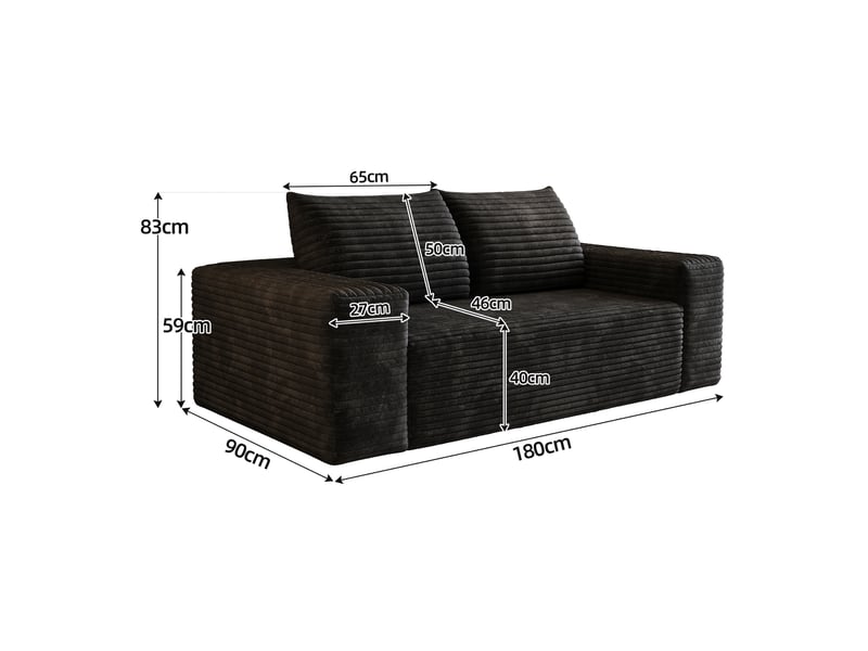 Canapé 2 places 180 cm velours côtelé noir, petit canapé assise profonde en mousse sans montage - Conforama C