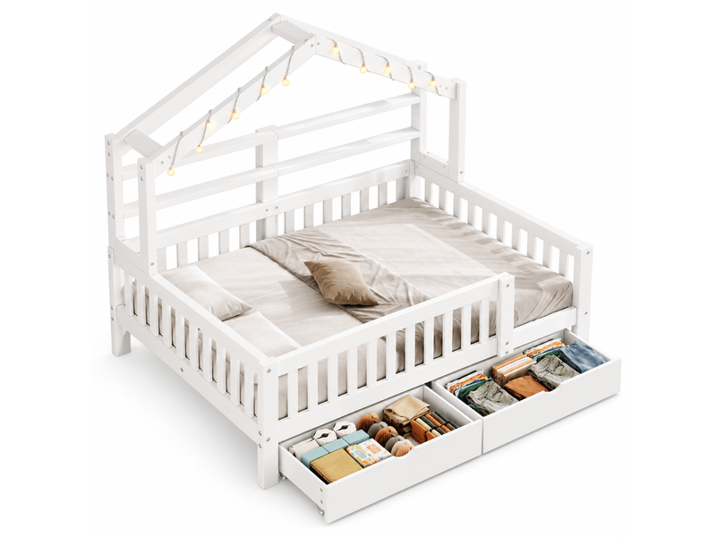 Lit cabane 90x200 cm avec éclairage led et 2 tiroirs de rangement, lit enfant en forme de maison avec toit et barrières de sécurité, pin et mdf blanc - Conforama A
