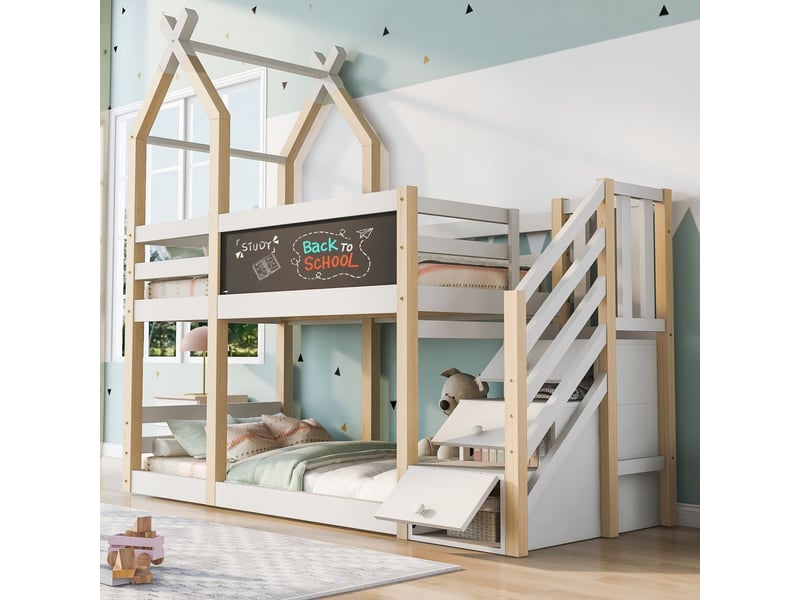  Lit superposé - 90x200 cm - design cabane avec tableau noir - lit superposé enfant - escalier de rangement, sécurité, bois massif  - Conforama A