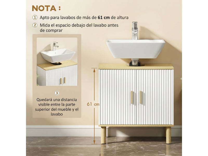  Meuble sous lavabo sans colonne avec portes cannelées, blanc et chêne, 60 x 30 x 61 cm  - Conforama W